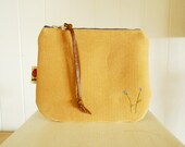 Mustard yellow faux suede zip pouch, embroidered flowers, upcycled / eco friendly