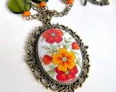 Orange necklace, jewelry, pendant, cameo necklace, gift for her, large pendant, romantic jewelry, tangerine necklace, vintage style