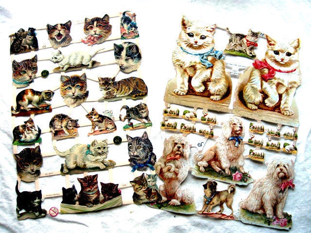 2 Vintage German Scrap Dresden Embossed Victorian CATS