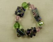 Lampwork Bracelet Pink Green Blue Swirled Beads Handmade Stretch