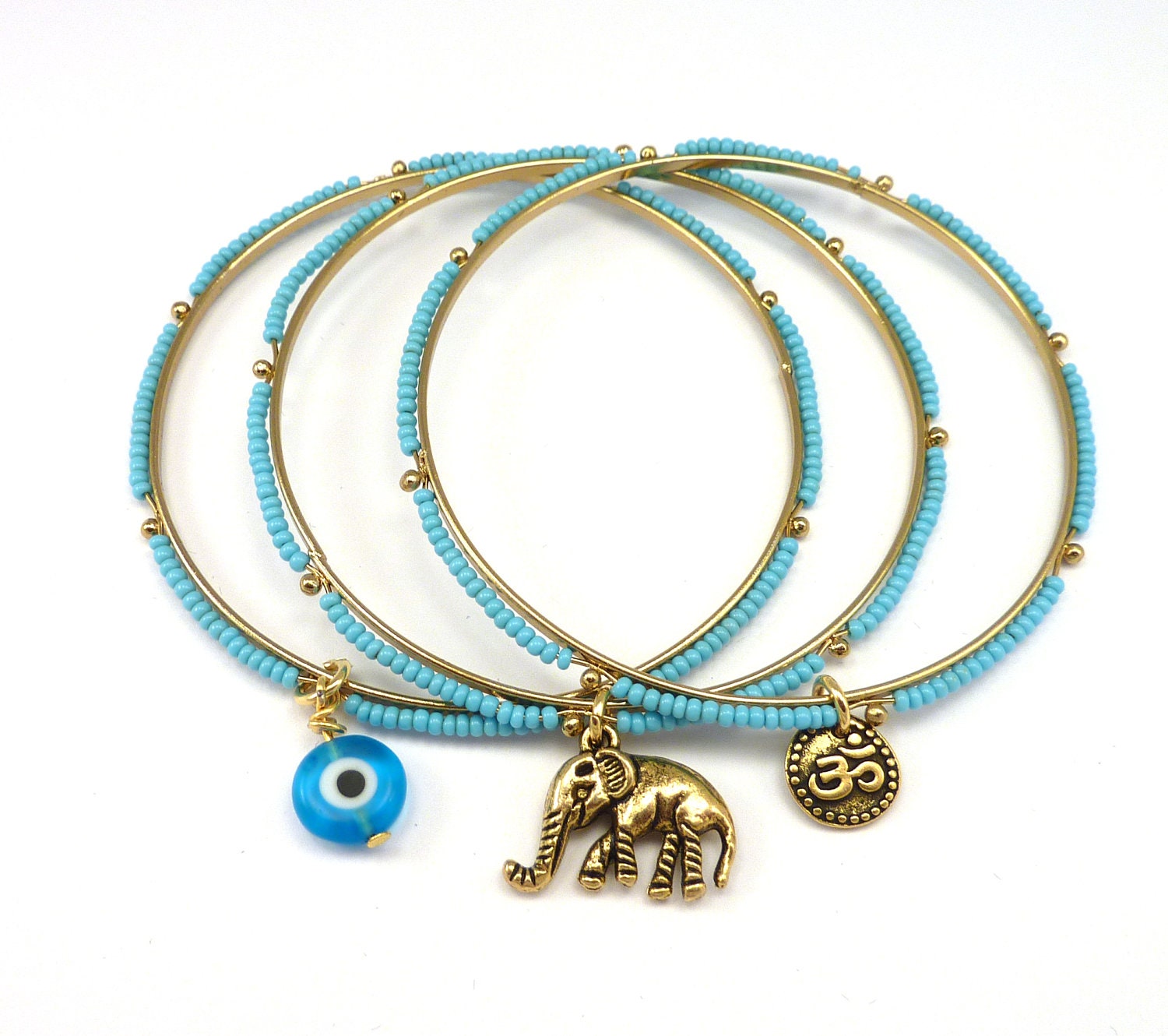 Beaded Bangle Set with Om, Evil Eye,and Elephant Charms, yoga jewelry, boho chic jewelry