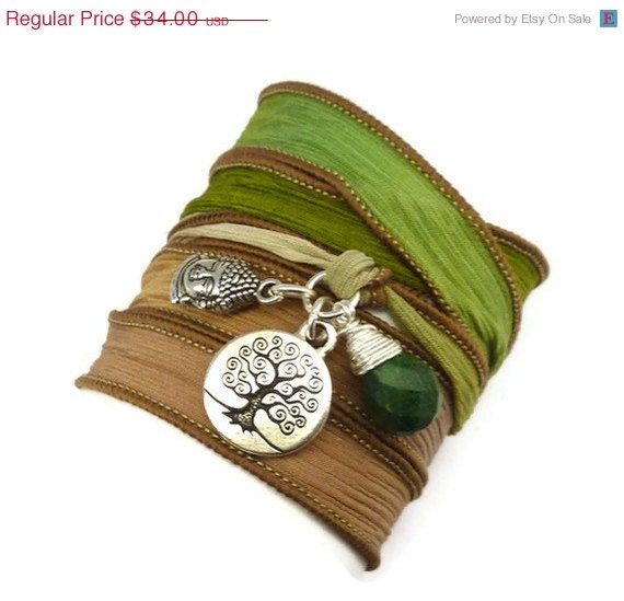 Silk  Wrap Bracelet with Tree of Life, Buddha, and Jade, yoga jewelry, wrap bracelet, silk wrap bracelet