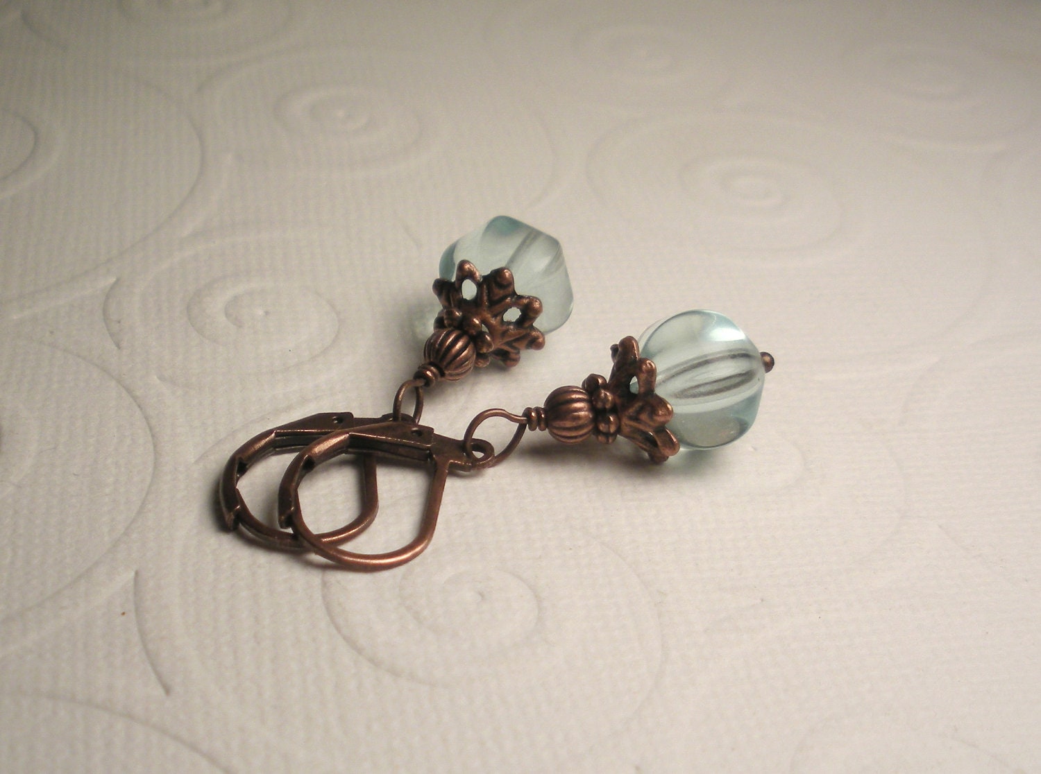 Aquamarine Quartz Glass with Antique copper Lever Back Earrings