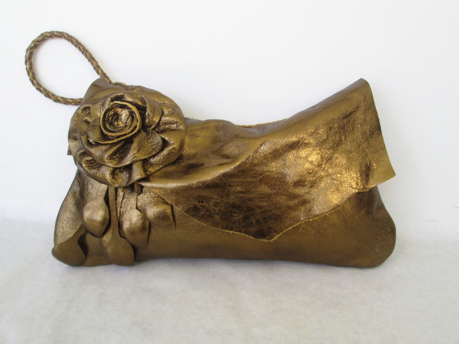 leather gold bronze handbag wristlet clutch  with flower rose and leaf fringe by Tuscada. Ready to ship.