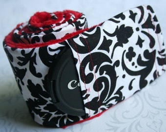 Camera Strap Cover with Lens Cap Pocket - White and Black Damask with Red Padded Minky- MADE TO ORDER
