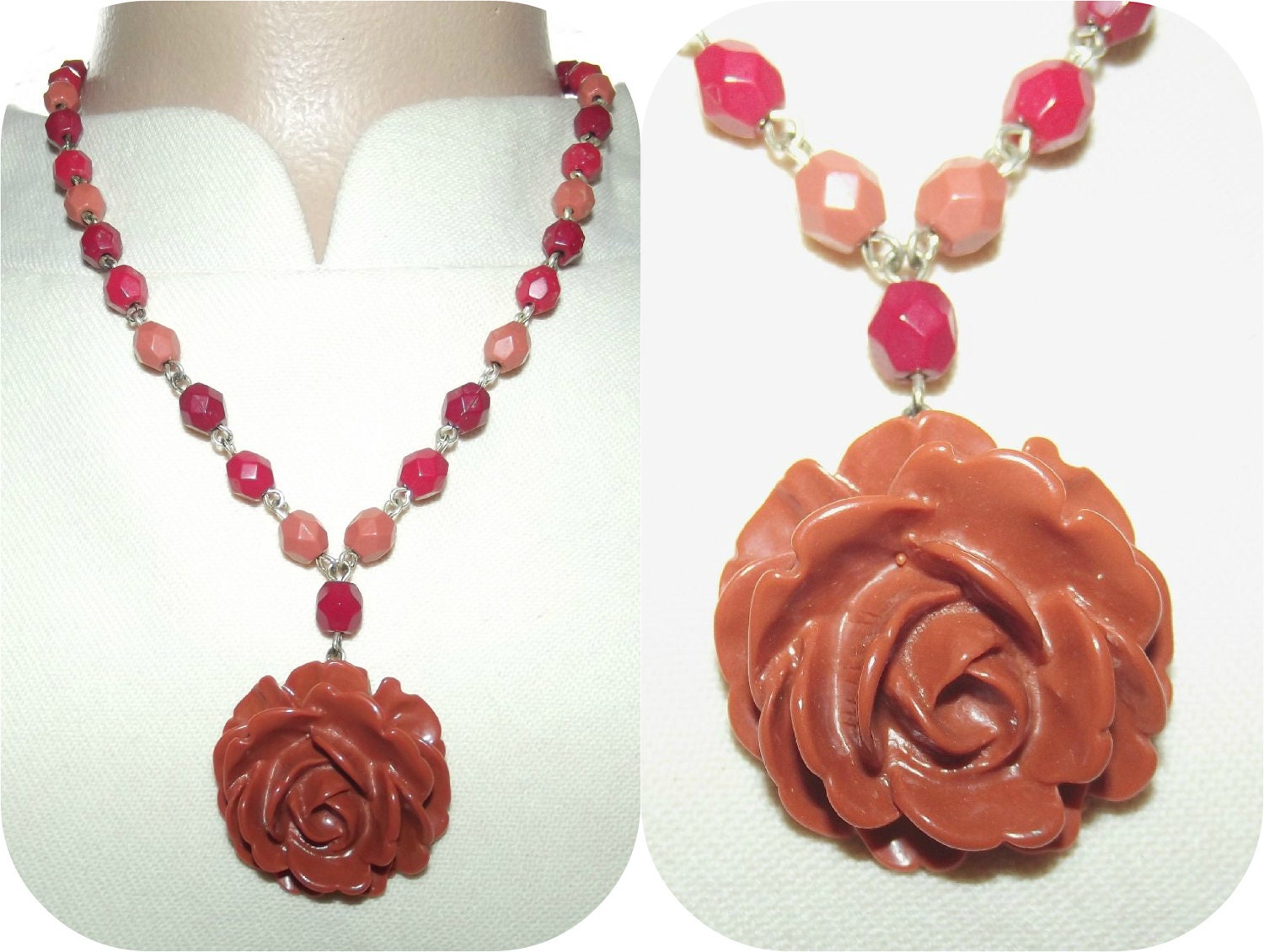 Vintage Coral Red Carved Lucite Rose Beaded Necklace AVON Pin-Up Statement Silver