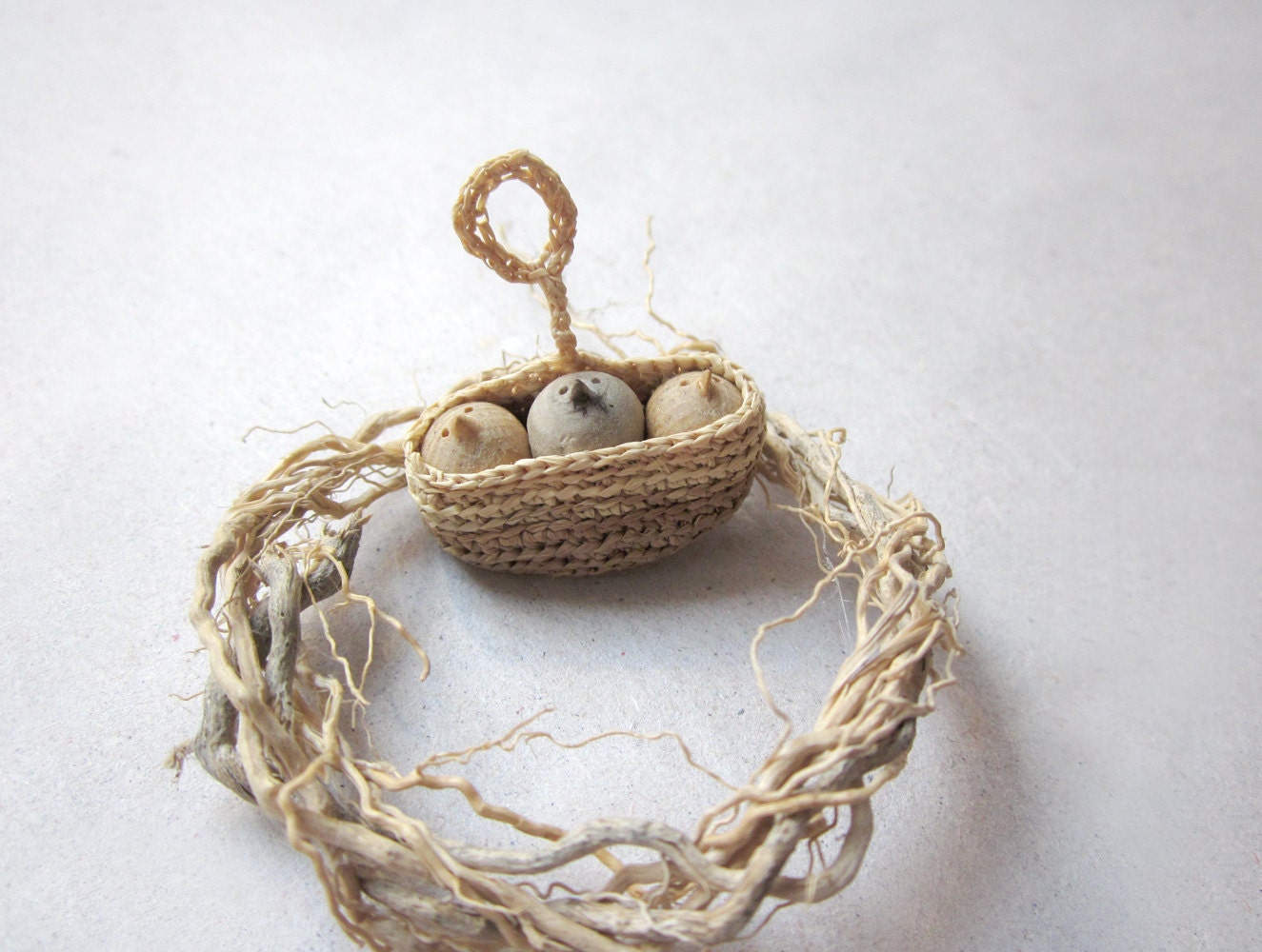 Miniature nest with three little chicks , native wall art