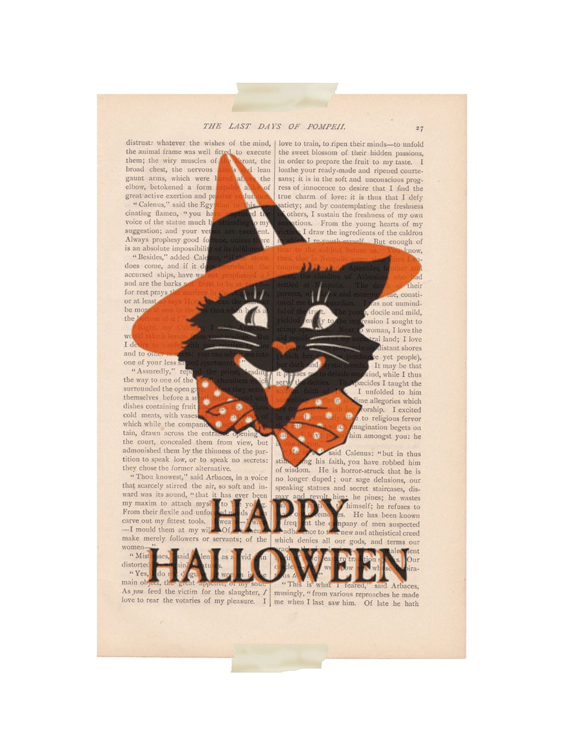 Items similar to primitive Halloween decor dictionary art cat HAPPY