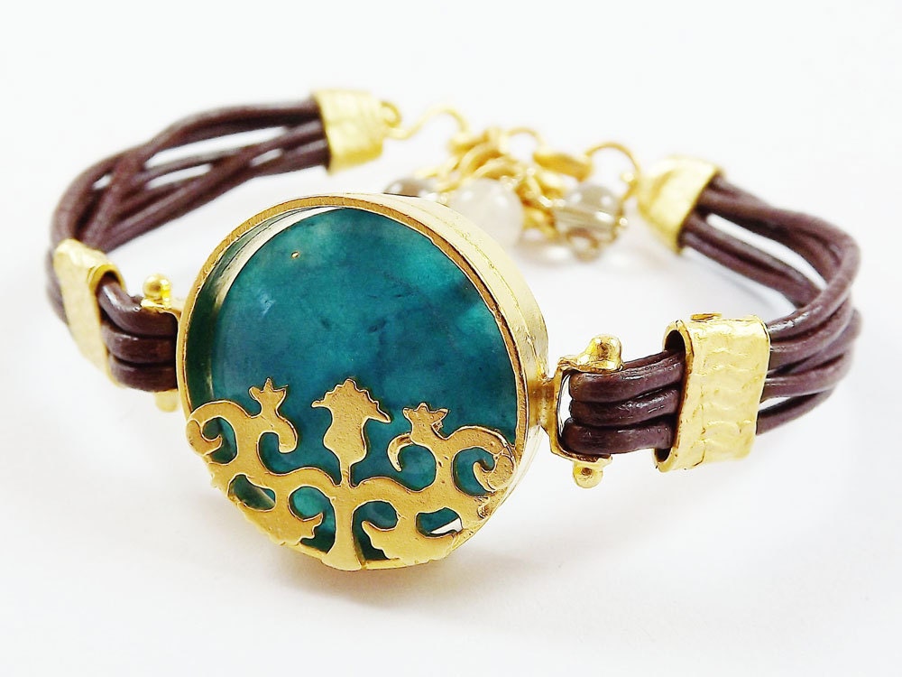 Exotic Bohemian Turkish Tulip Leather Stacking Bracelet - Gold Plated, Teal Jade, Brown Cord - Fall fashion
