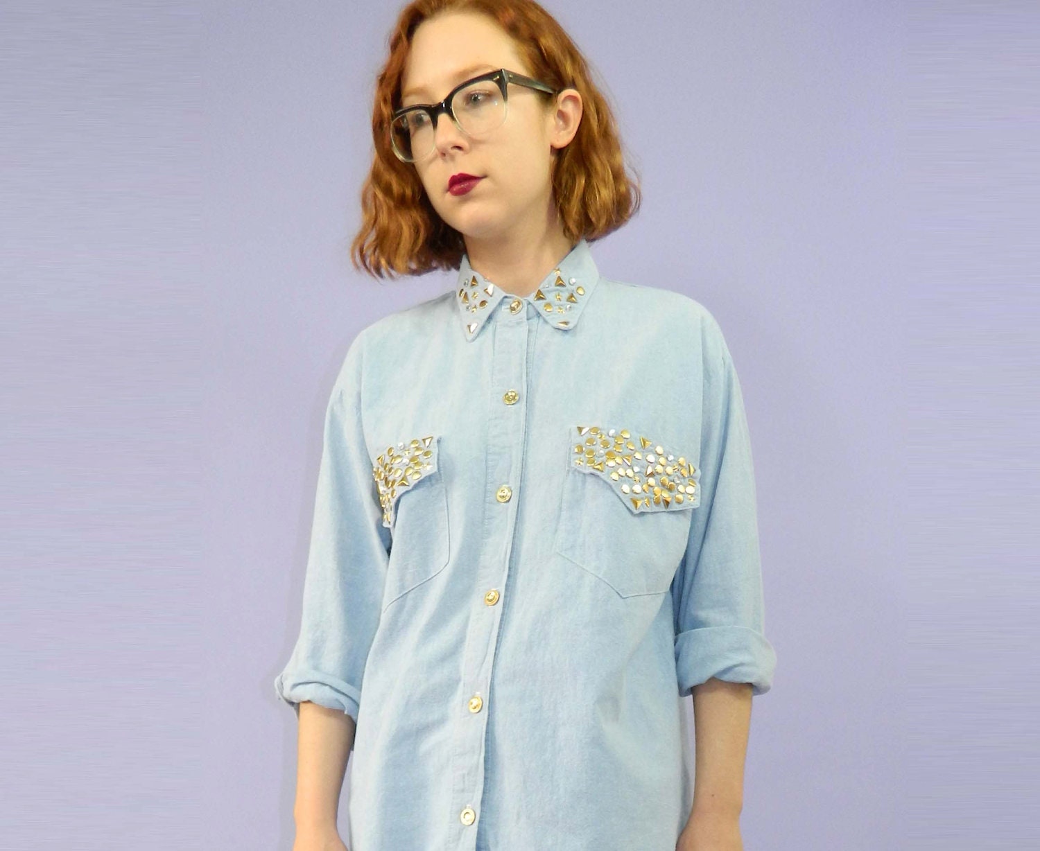 Studded Collar Shirt 90s Rhinestones Gold Stars Blue Chambray S/M