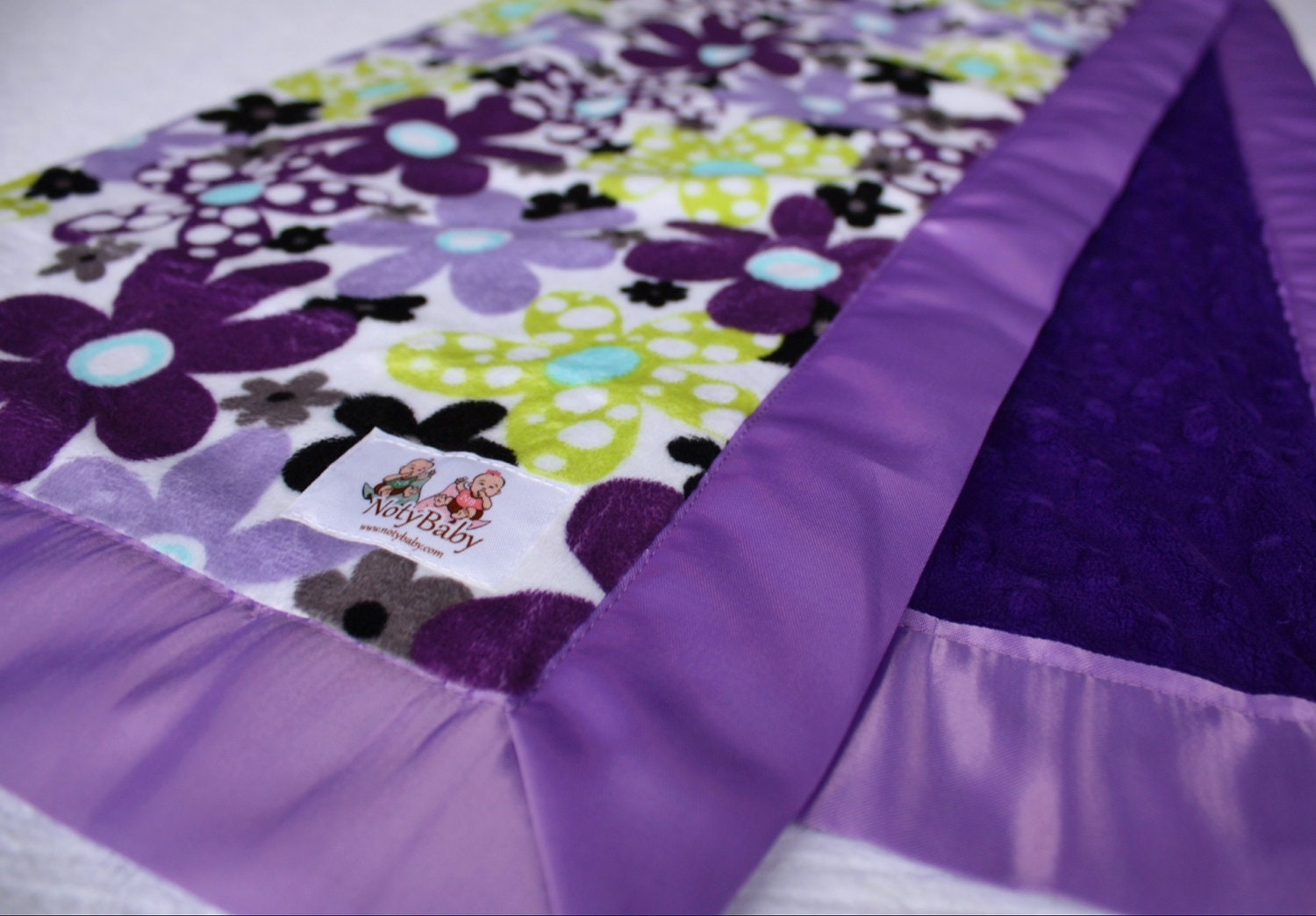 Purple & Violet Daisy Dots with Purple Minky Dot and Grape Satin Trim Stroller Blanket -- READY TO SHIP - NotyBaby