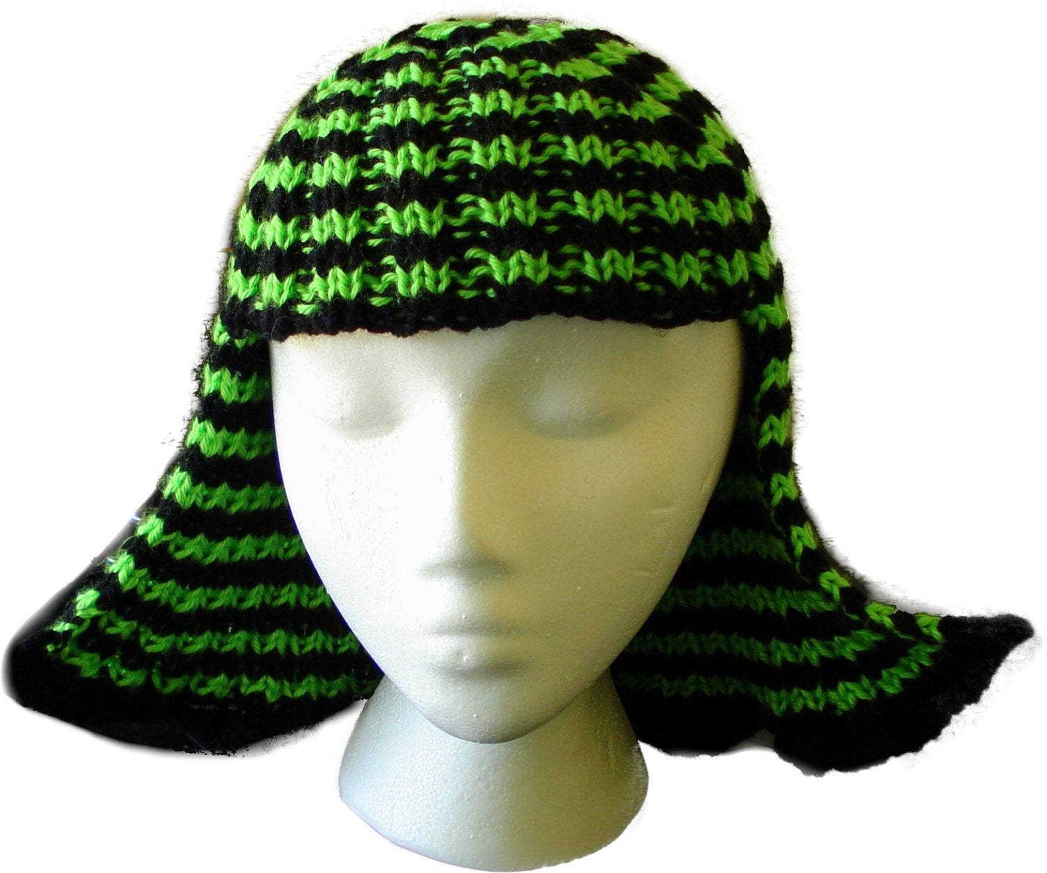 Hat Hair Neon Green and Black Stripes Knit Wig