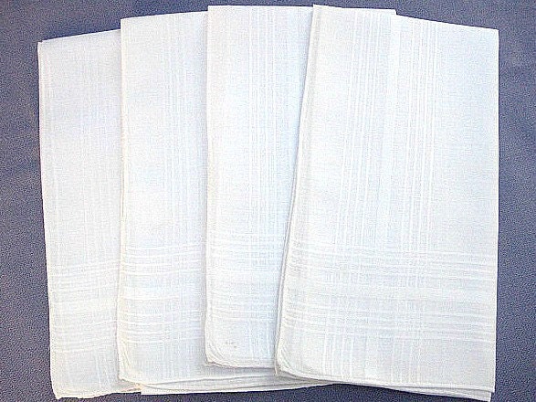 Men's Handkerchiefs, Vintage White Cotton Blend, 4 Count, Woven Pattern Along Edge, Machine Rolled Hem, Excellent Condition