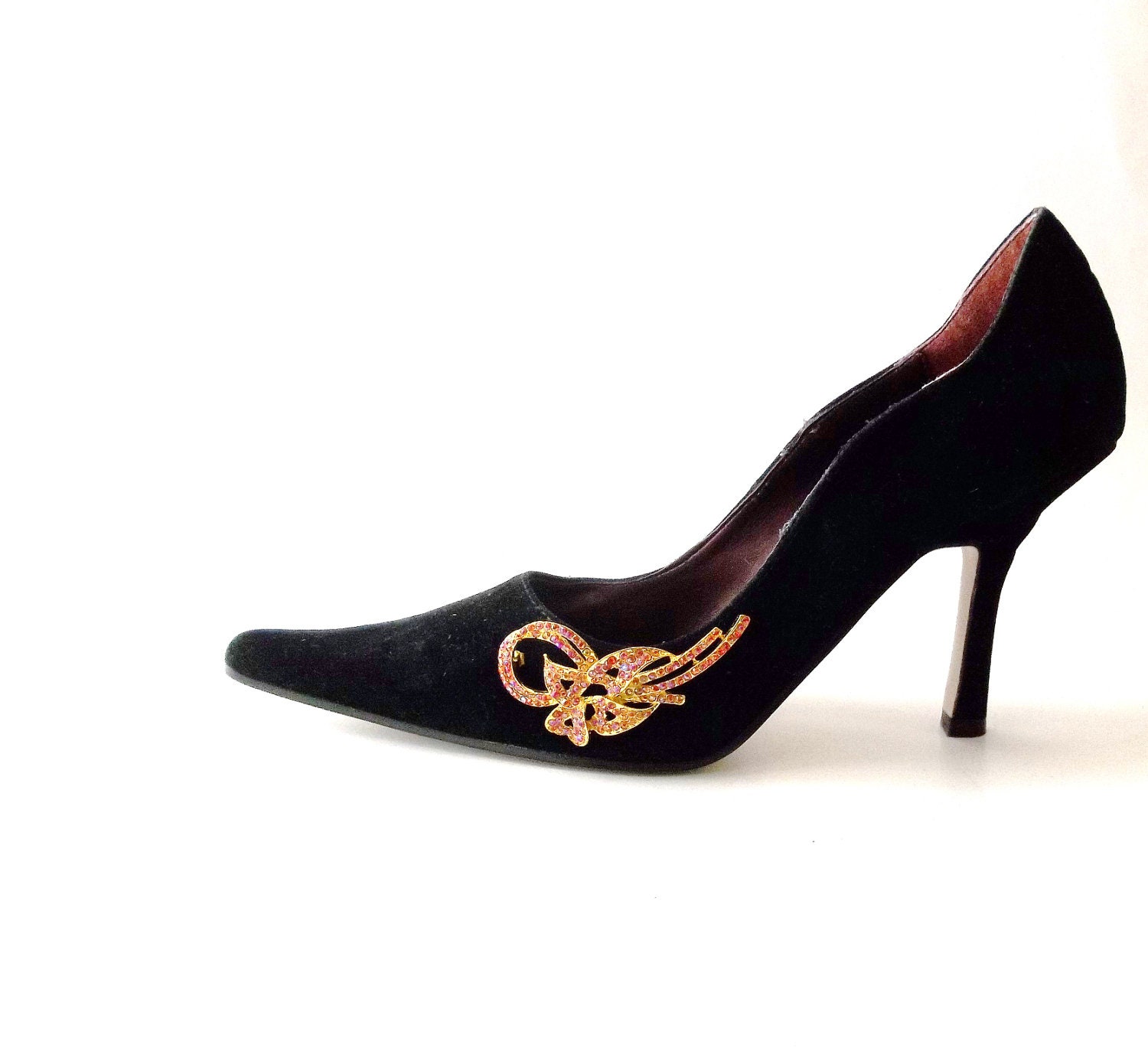 Vintage Black Suede High Heels Pumps. Shoe Clips.Honey Gold Bows. Holiday Sparkle. Size 6.5 - GLAMOURGIRLCHIC