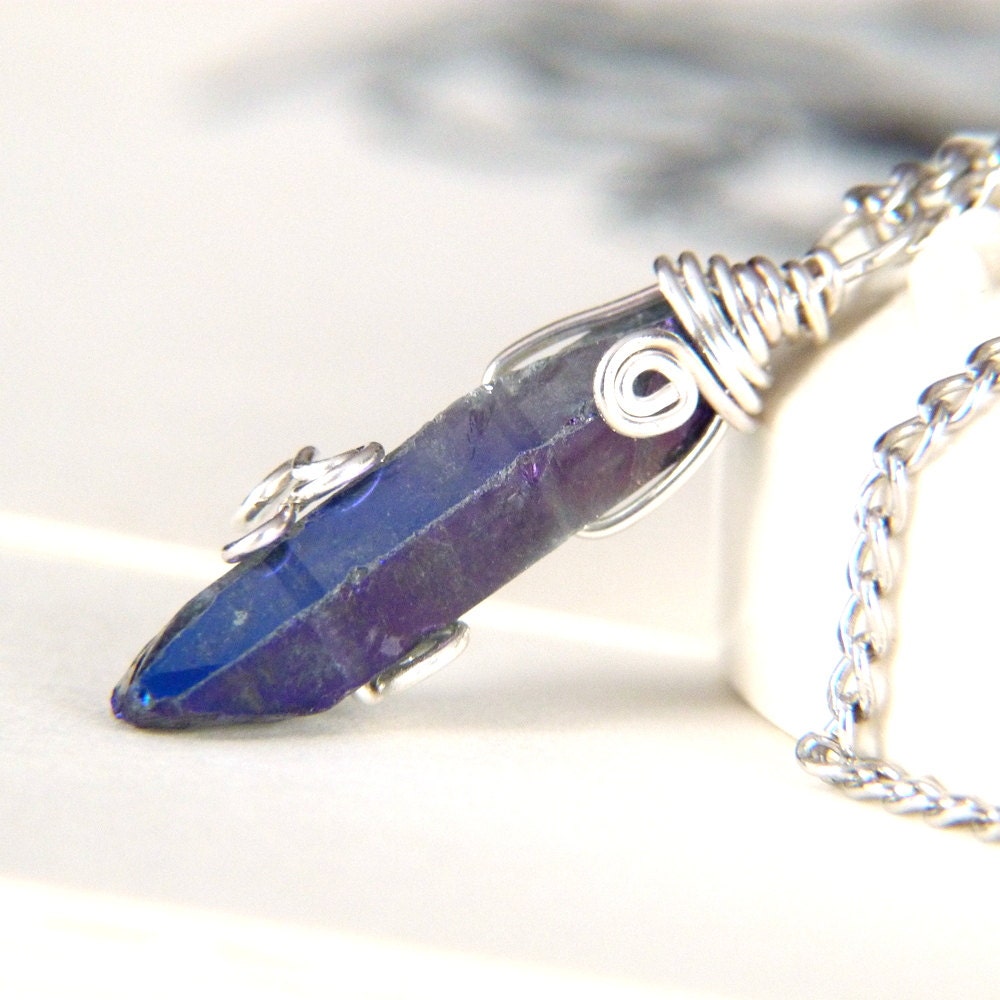 Purple Blue Crystal Wire Wrapped Pendant Necklace - Wire Wrap Jewelry