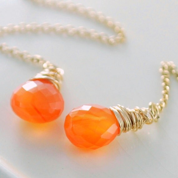 Threader Earrings Carnelian Gemstones Semiprecious Stone Bright Tangerine Orange Gold Jewelry Complimentary Shipping