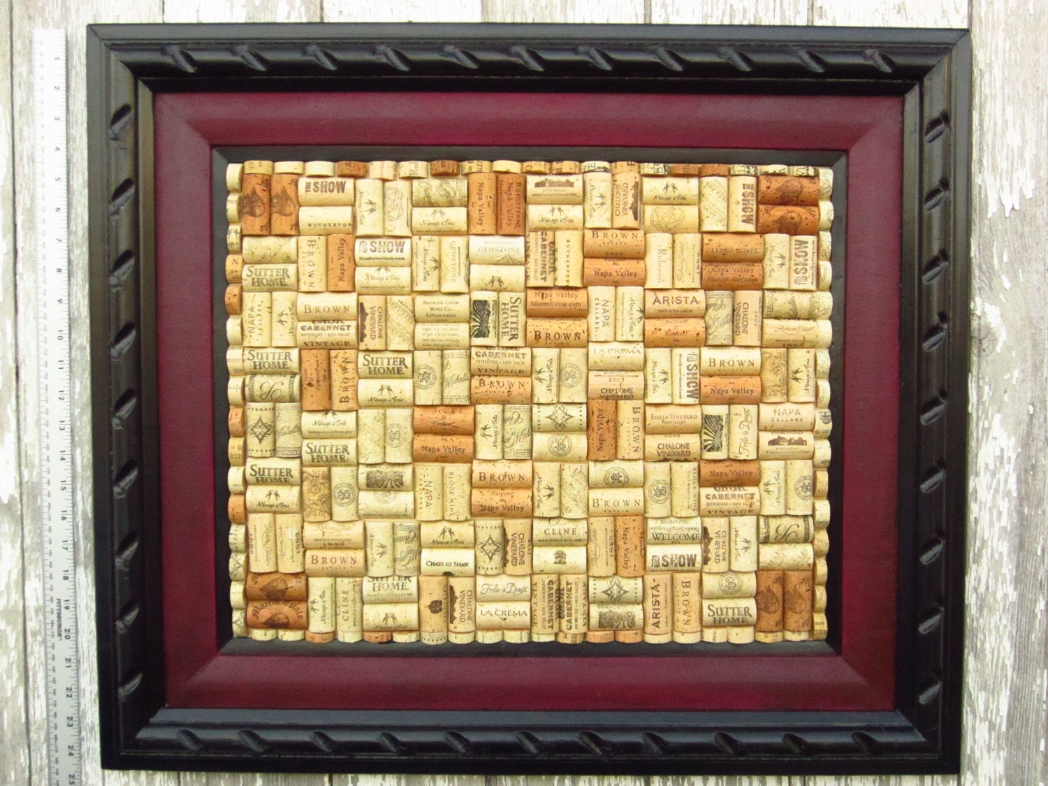 large Wine Cork Corkboard, UNIQUE, handmade, vintage/antique frame, OOAK, burgundy/black