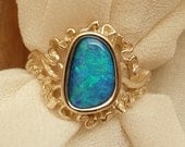 Boulder Opal Ring Green Blue 14k Yellow Gold Freeform Sunburst