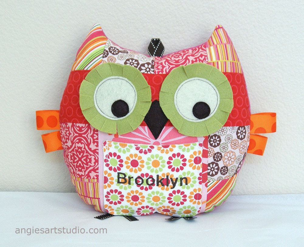 Personalized Medium Patchwork Owl Tooth Fairy Pillow Stuffed Toy for Baby Girl or Toddler  - Orange, Green and Pink