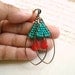 Turquoise Red Coral Earrings, Brass Coated Copper Oval Hoops