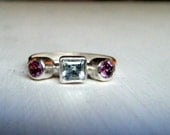 Aquamarine and Rhodolite Garnet 3 Stone Ring Made To Order In Your Size