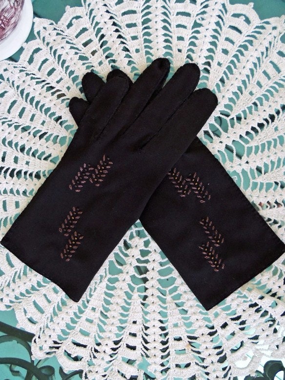 Vintage 60's Gloves Black Nylon with Metallic Bead Design by Van Raalte Size 6