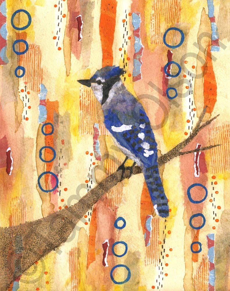 Mixed media bird collage blue jay tree branch 8 by TammyOlson