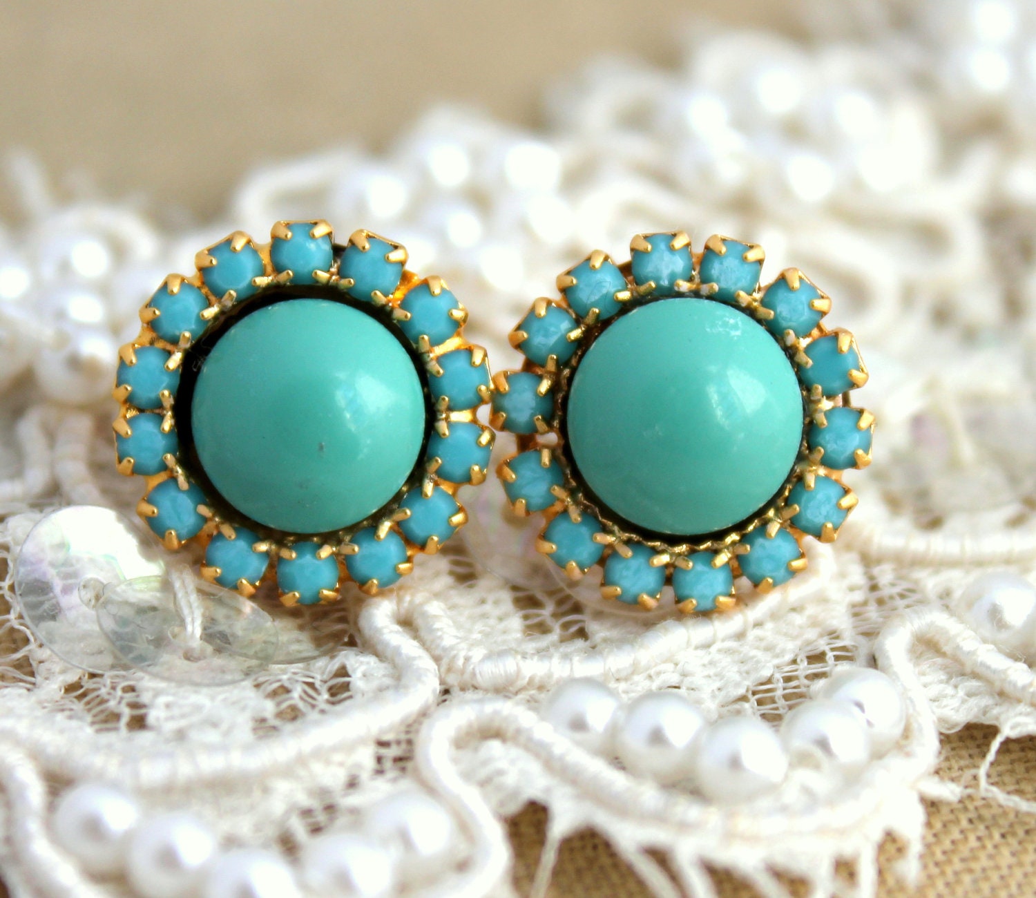 Turquoise stud earring - 14k plated gold post earrings real swarovski pearls .