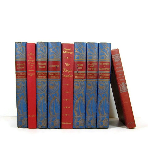 Red Blue Shabby Chic Vintage Books Wedding Decor Home Decor Photography Prop