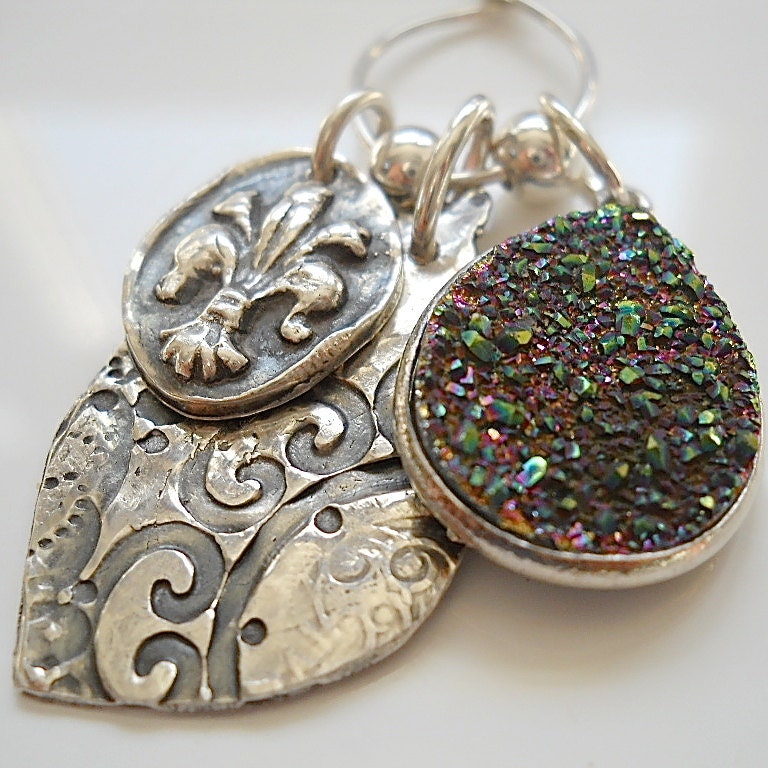 Wax Seal Silver Charm Necklace, Druzy, Drusy Pendant, Charm Holder, Modern Tribal, Fleur de Lis, Personalized Fashion Accessory, Yoga Gift