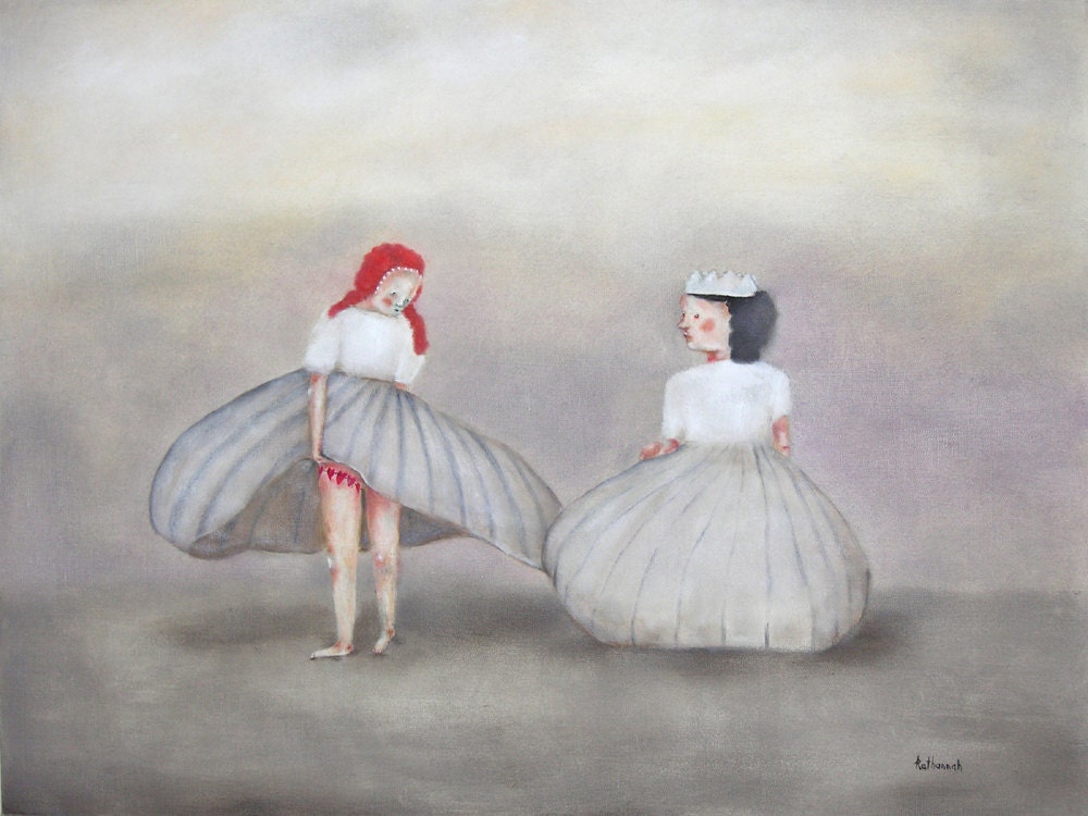 Fine art print of original painting girls figure art landscape wall art. gray and white. "Scandalous"