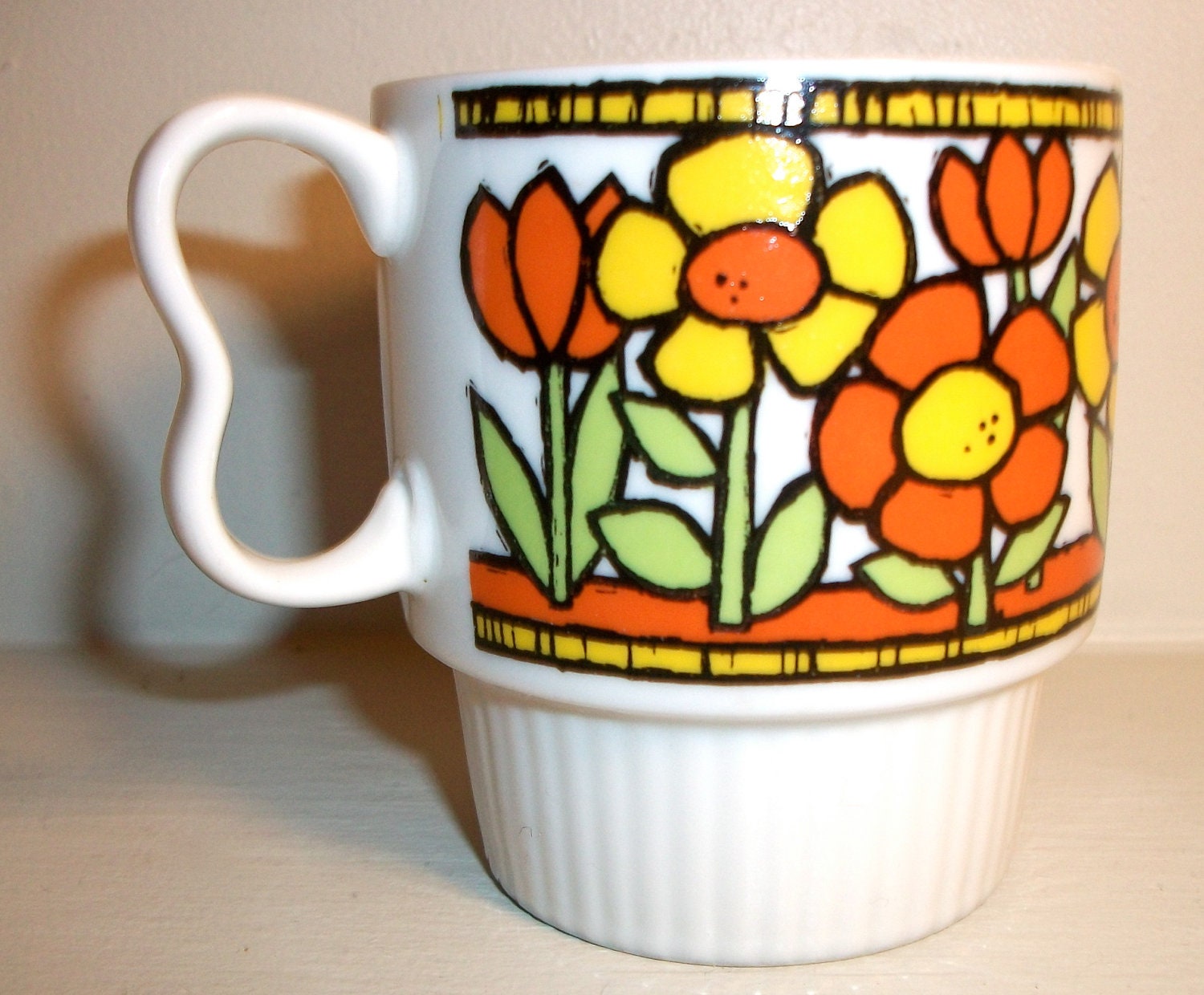 Vintage Two Finger Porcelain Coffee Tea Cup Lovely Yellow And Orange Flowers