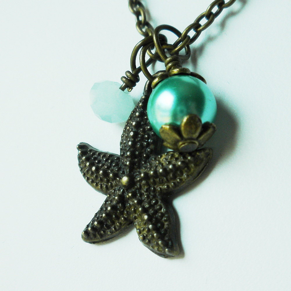 Starfish Necklace Teal Green Pearl Baby Blue Faceted Glass Wire Wrapped Brass Chain