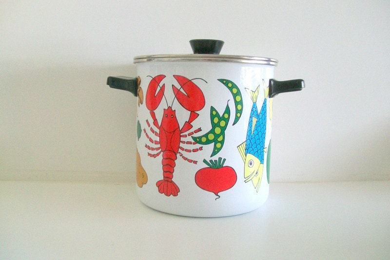 Vintage Mid Century Modern Enamelware Stock Pot Steamer Cooker