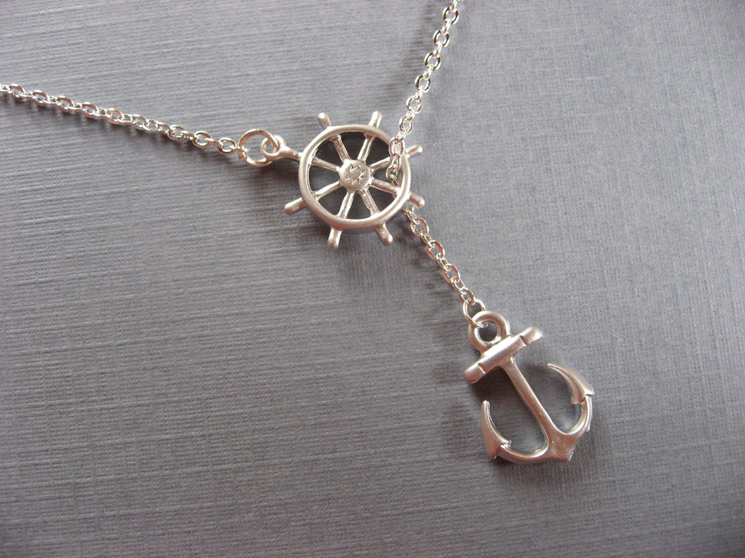 Silver Nautical Lariat Necklace with Anchor Necklace, Captains Necklace