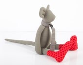 Autumn city  Mouse doll - olive green  Mouse Wearing hot Red dotted socks ,Gray striped scarf - timo handmade fabric doll