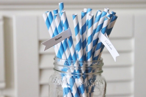 50 Blue Paper Straws Striped Retro Vintage Style Carnival Circus Wedding Birthday Bridal Baby Shower W/ Printable Flags I Created Il_570xn