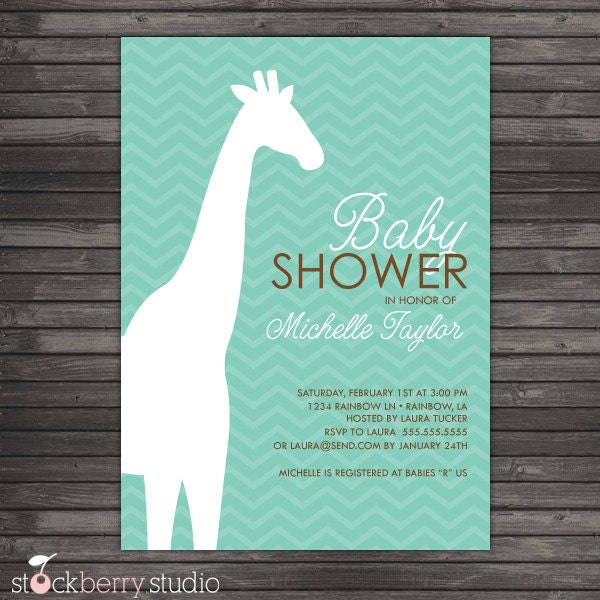 Chevron Giraffe Baby Shower Printable Invitation Teal Il_570xn