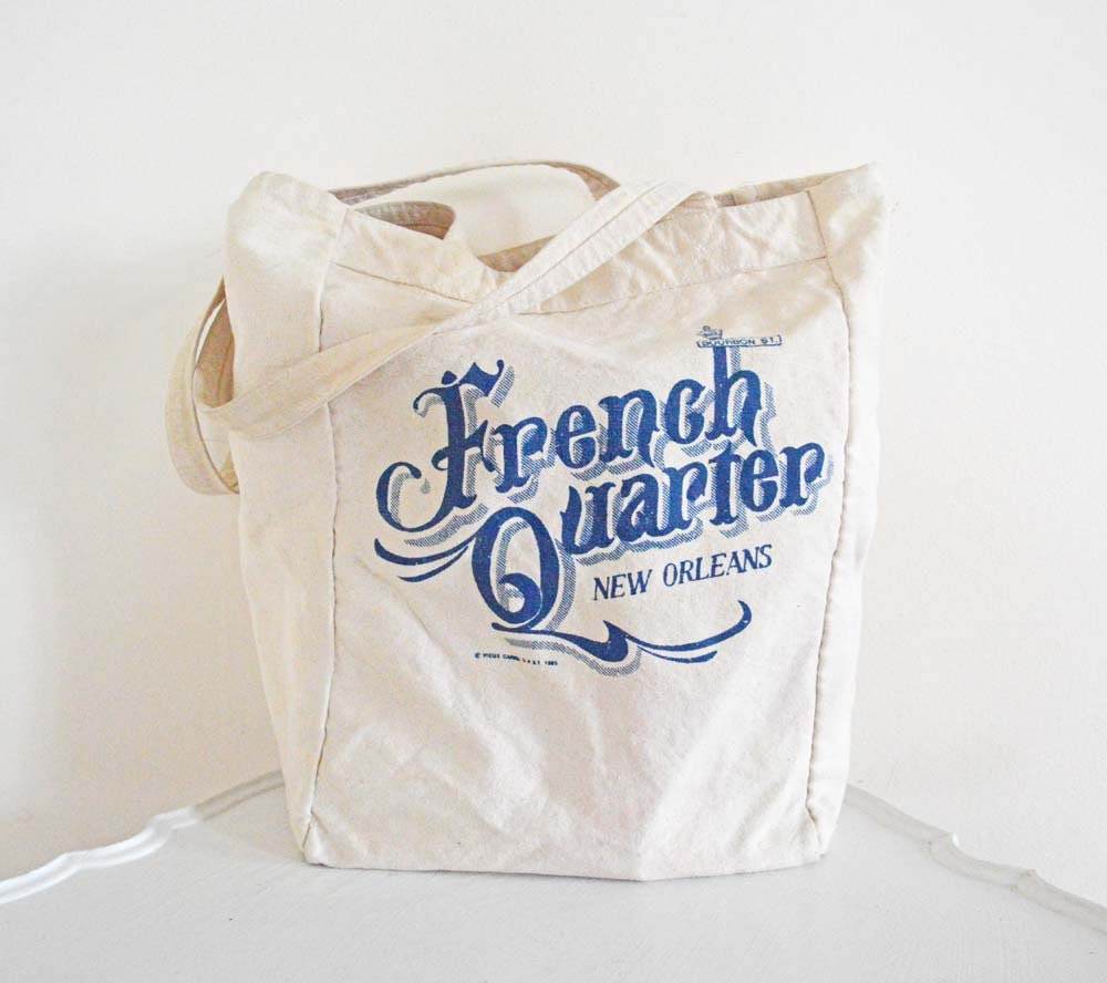 Vintage New Orleans French Quarter Tote Bag Bourbon Street Cream White Blue Vieux Carre 1985 Vegan Mardi Gras Travel