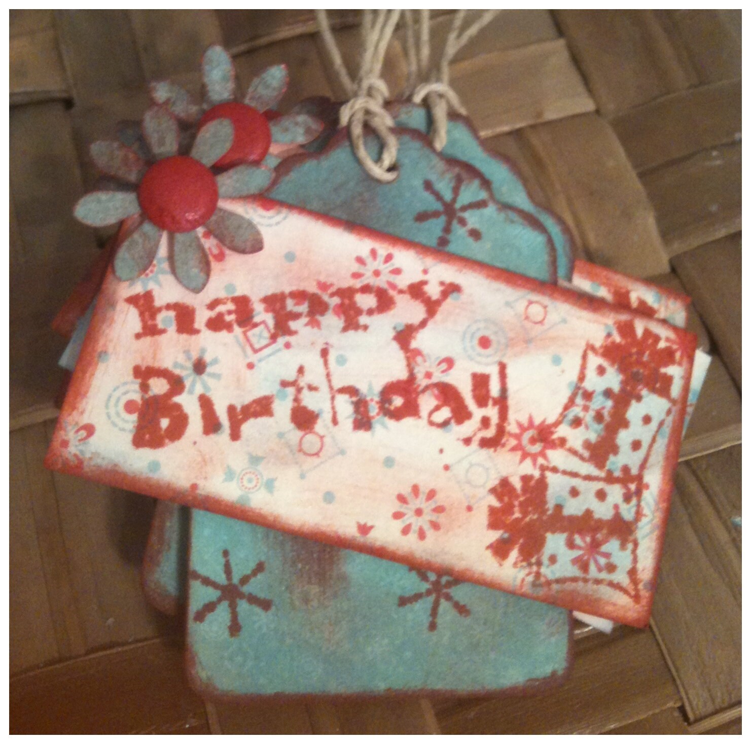 FOUR Happy Birthday Hand Inked Stamped Retro Brick Red Antiqued Teal Baby Boomer Gifts Packages Gift Tags