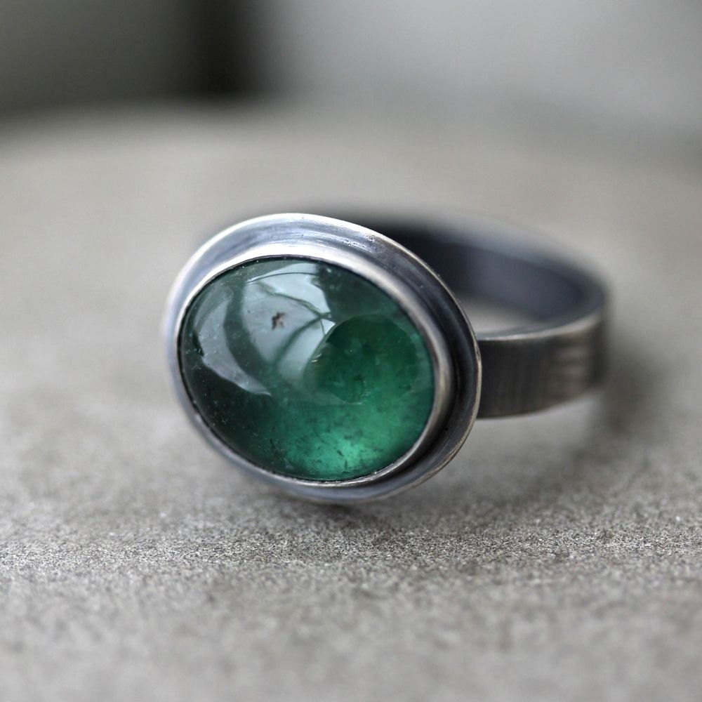 Green Tourmaline Ring, Forest Teal Blue Green Gemstone Sterling Silver Ring October Birthstone Metalsmithed Ring - Size 7 - Moss
