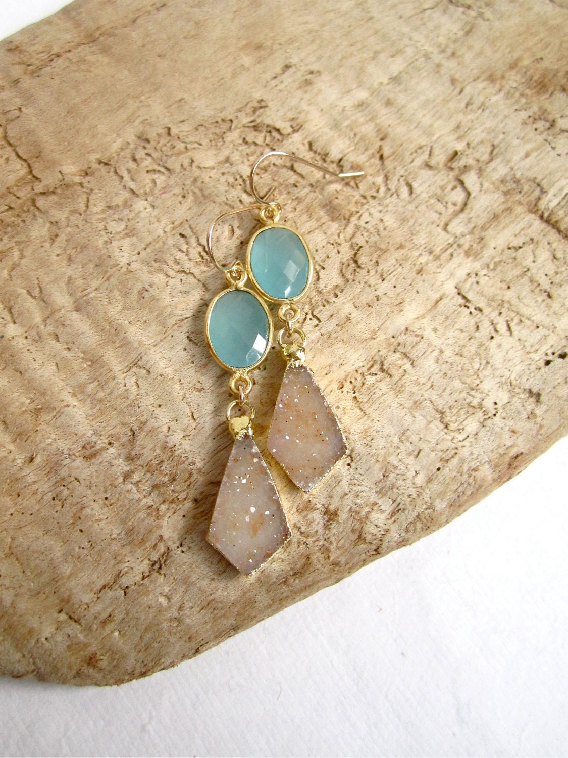 Sand Druzy Earrings Drusy Quartz Aqua Blue Chalcedony Gold Vermeil Bezel Set