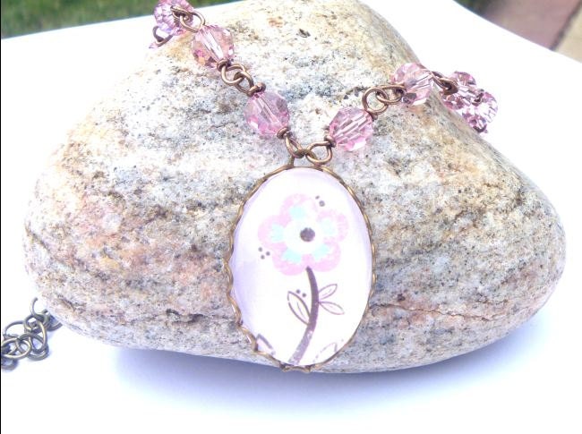 Shabby Chic Style Necklace.  Swarovski Beads.  Flower Pendant.