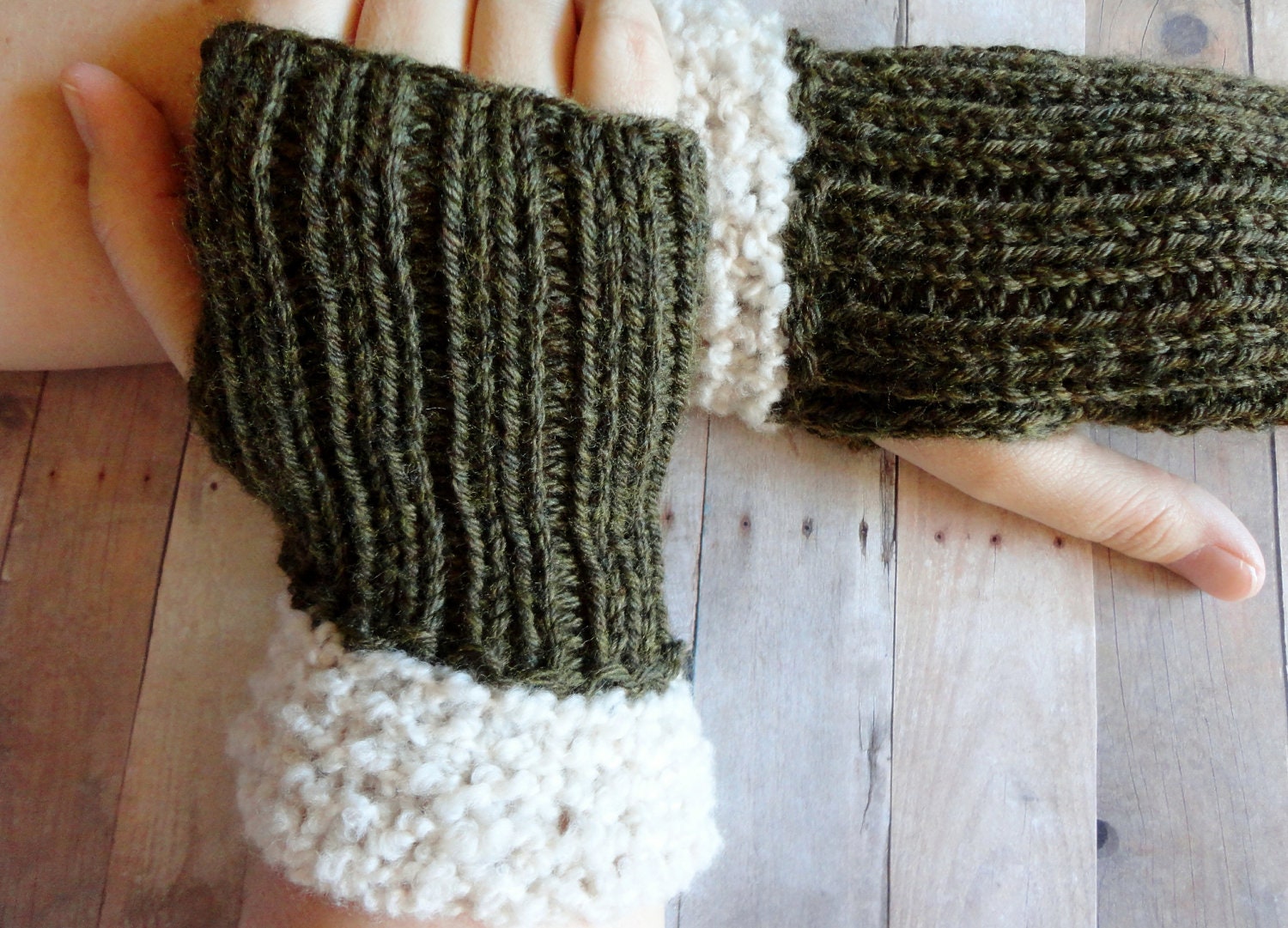 Womens Soft Wool Fingerless Gloves in Olive Green and Cream Cuff Handknit Winter Accessories Shabby Chic Fashion Gloves