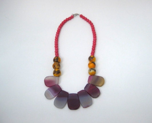 Purple agate, orange turquoise, and rose coral necklace