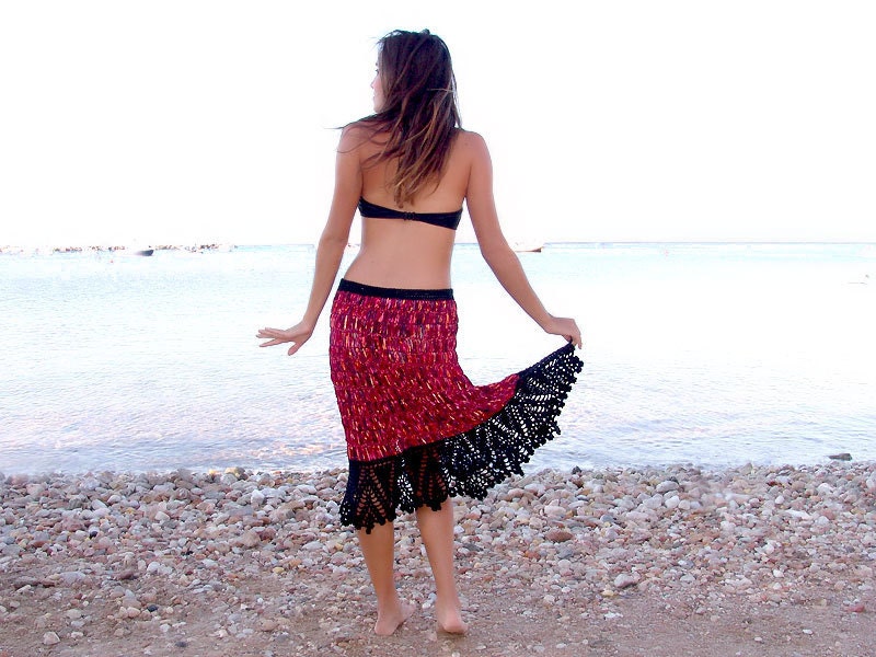 OOAK Lacy crochet skirt, versatile short dress, colorful, black frill, Lace, shades of burgundy.
