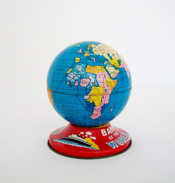 Vintage Globe "Bank of the World" Tin Coin Bank with Compass and Original Key - 1950s - TREASURY PICK