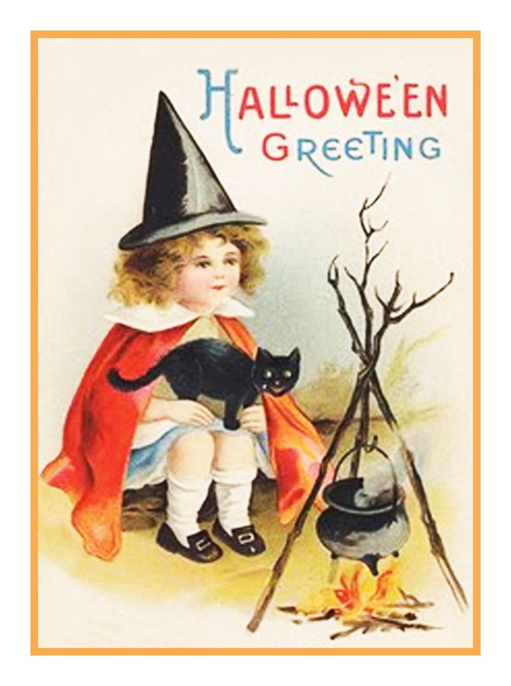 Little Girl Witch Costume Black Cat Cauldron Happy Halloween Counted Cross Stitch Chart / Pattern from Antique Victorian Card  FREE Shipping