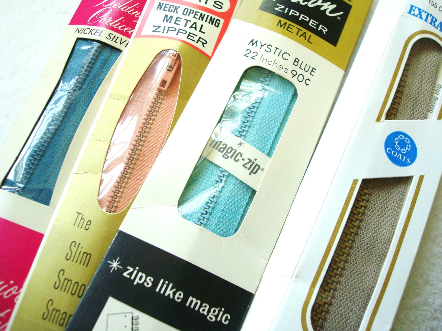 Metal Zippers, Cottage Colors Aqua, White, Tan, Peach, Celedon, Teal