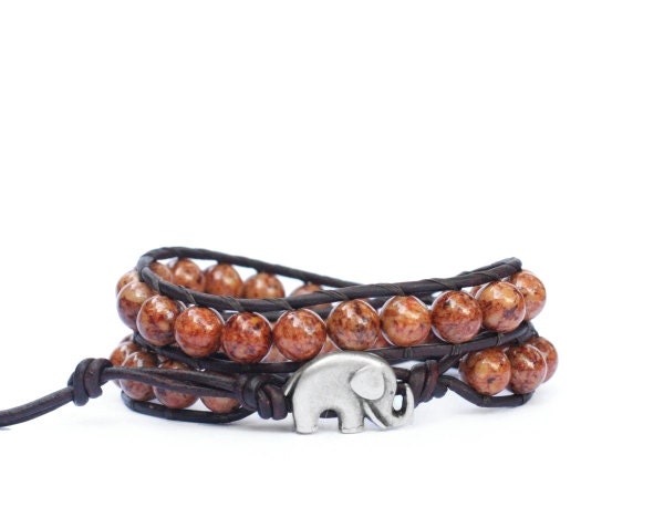 the lucky elephant Leather Wrap Bracelet - Milk Chocolate Brown with GOOD LUCK ELEPHANT